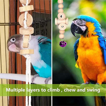 7PCS Parrot Bird Toy Set Natural Wooden Chew Cage Hanging Swing Boredom Relief