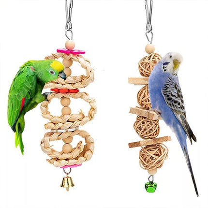 7PCS Parrot Bird Toy Set Natural Wooden Chew Cage Hanging Swing Boredom Relief