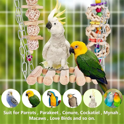7PCS Parrot Bird Toy Set Natural Wooden Chew Cage Hanging Swing Boredom Relief
