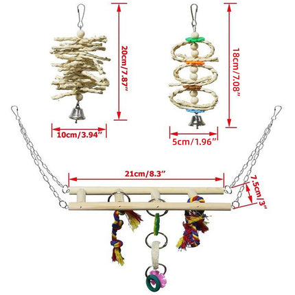 7PCS Parrot Bird Toy Set Natural Wooden Chew Cage Hanging Swing Boredom Relief