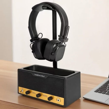 Vintage Speaker Shaped Headphone Stand Holder with Storage Box for Gaming Desk
