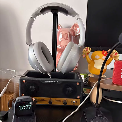 Vintage Speaker Shaped Headphone Stand Holder with Storage Box for Gaming Desk