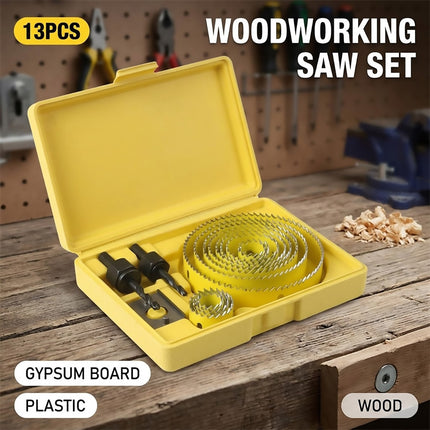 Hole Saw Kit 13 Piece Yellow Case Wood Plastic Gypsum