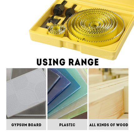 Hole Saw Kit 13 Piece Yellow Case Wood Plastic Gypsum