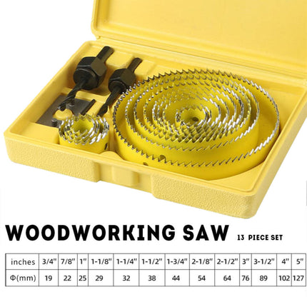Hole Saw Kit 13 Piece Yellow Case Wood Plastic Gypsum