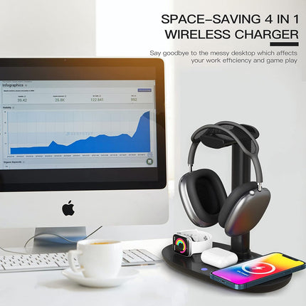 Headphone Stand with Wireless Charger 15W Fast Charging for Desk Gaming Studio