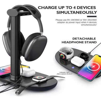 Headphone Stand with Wireless Charger 15W Fast Charging for Desk Gaming Studio