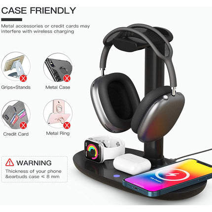 Headphone Stand with Wireless Charger 15W Fast Charging for Desk Gaming Studio
