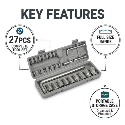 27 Piece Socket Wrench Tool Set Metric 4 to 21mm Case