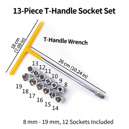 T Handle Socket Set 13 Piece 8 to 19mm Metric 1/2 Drive
