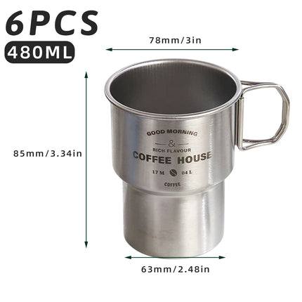 6PCS Stainless Coffee Steel Camping Cups with Foldable Handle 480ml Food-Grade