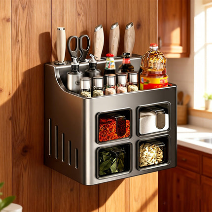 Multifunctional Wall-Mounted Spice Rack with Knife Holder Space Saving Stable