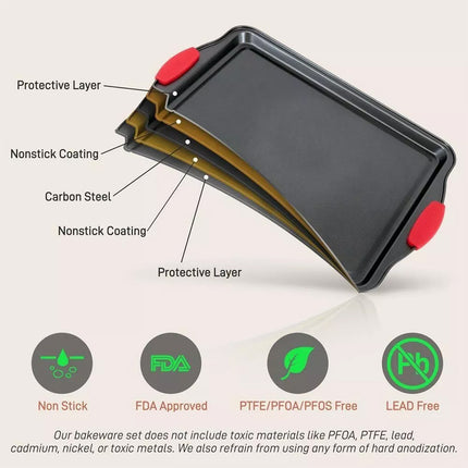 3PCS Nonstick Baking Tray Set Rectangular Cookie Sheet Cake Mold Oven Bakeware