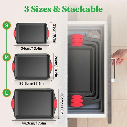 3PCS Nonstick Baking Tray Set Rectangular Cookie Sheet Cake Mold Oven Bakeware
