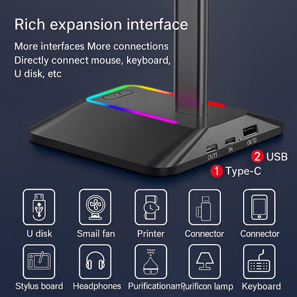 Dual Output RGB Headphone Stand Holder for Gaming PC Desk with USB Hub