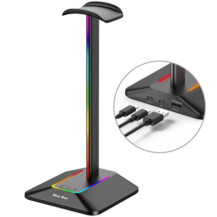 Dual Output RGB Headphone Stand Holder for Gaming PC Desk with USB Hub