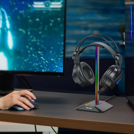 Dual Output RGB Headphone Stand Holder for Gaming PC Desk with USB Hub