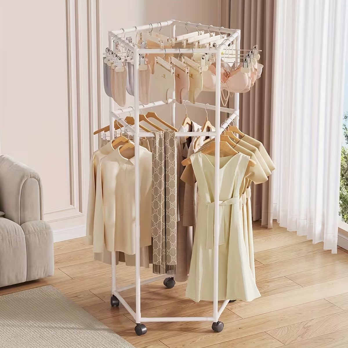 Small Rotating Clothes Rack Rotating Clothes Rack with Wheels and Two Tier Hanging Space | Aimall