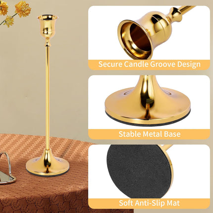3 Pcs Vintage Candlesticks Set in Gold Metal with Different Heights