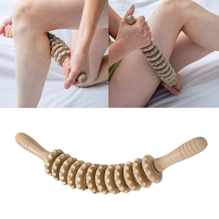 Wooden 12Roller Massage Stick Meridian Therapy Neck Back Thigh Muscle Relaxation