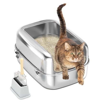 Cat Litter Box Open Design Stainless Steel Large Easy Clean Pet Toilet Tray