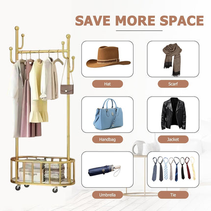 Home Floor Standing Movable Wheeled Hat Coat Rack Sturdy Durable Space Saving