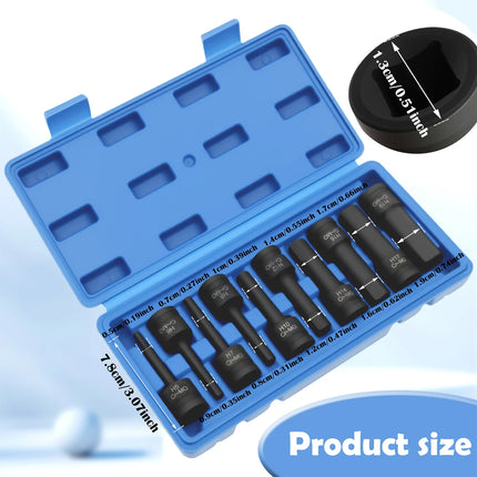 10 Piece Impact Hex Socket Bit Set 1/2 Inch Drive Metric H5 to H19 with Storage Case