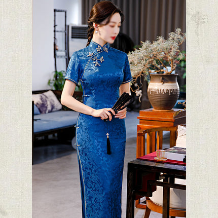 Blue Cheongsam Dress Long Retro Elegant Style Traditional Chinese Qipao Vintage