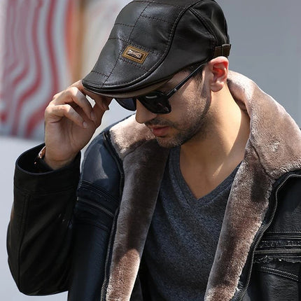 Leather Beret Hat Retro Newsboy Warm Cap Duckbill Visor Flat Caps For Men