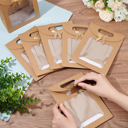 24PCS Kraft Paper Gift Bag Window Handheld Bow Clamshell Packaging Shopping Bag