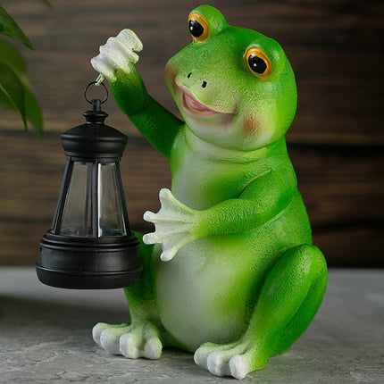 Realistic Frog Resin Sculpture with Solar Lantern for Garden and Yard