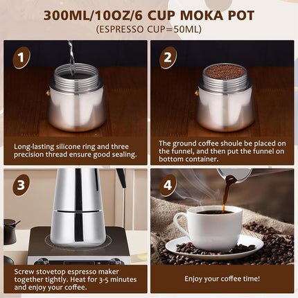 300ml Stainless Steel Moka Pot Coffee Maker Espresso Maker Durable HeatResistant
