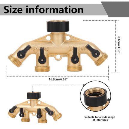 4Way Solid Brass Hose Splitter Quick Connector Shut Off Valves 3-4 Tap Outlet