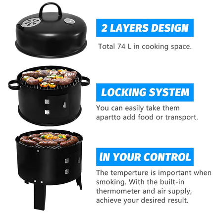 3in1 Portable Charcoal Vertical Smoker BBQ Roaster Grill Steel Water Steamer