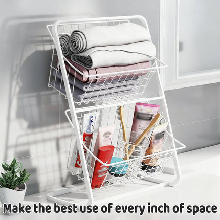 2 Tier Detachable Wire Storage Rack White Metal Basket Stand for Bathroom Desk