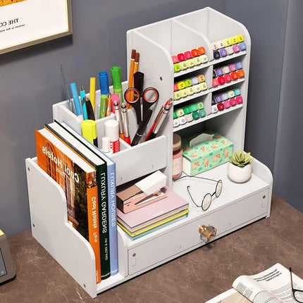 Desktop Stationery Organiser Rack with Side Bookend Drawer for Pens Markers