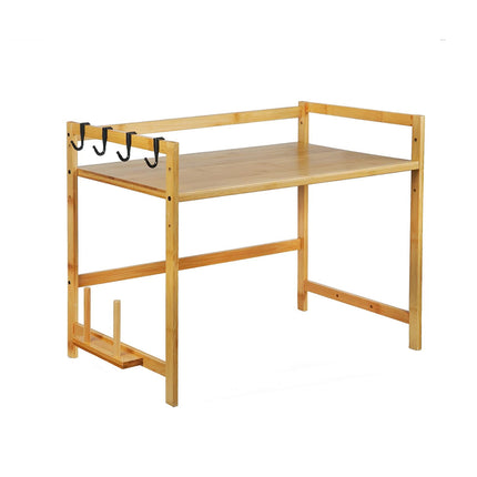 2 Tier Bamboo Microwave Oven Stand Rack Kitchen Condiment Holder with Hooks