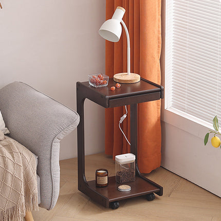 Solid Wood Rolling Coffee Table Mobile Side Table with Wheels 2-Tier Home Use