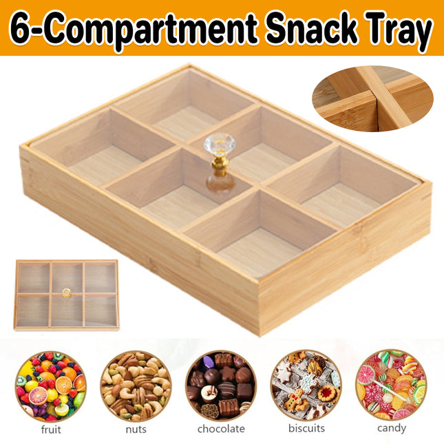 Bamboo 6-Compartment Snack Tray for Home Party Dry Fruit Candy Serving Platter