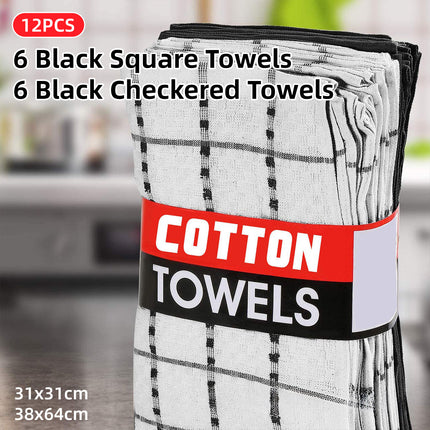 12PCS Cotton Dish Towel Set Black White Checkered Kitchen Napkin Cleaning Cloths