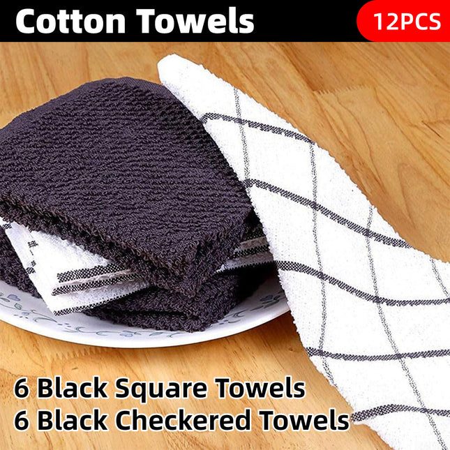 12PCS Cotton Dish Towel Set Black White Checkered Kitchen Napkin Cleaning Cloths
