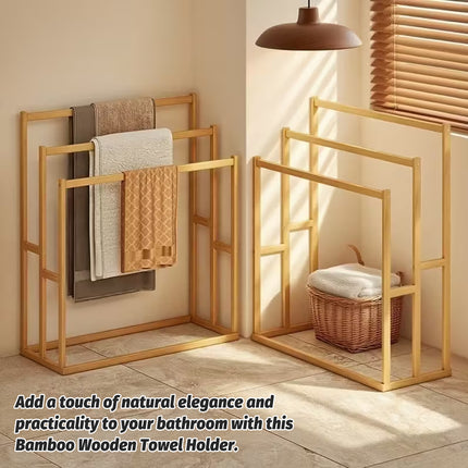 Bamboo Floor Standing Towel Rack Durable Space Saving for Bathroom Bedroom Use