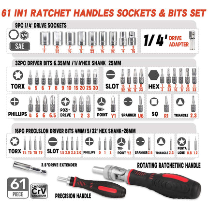 61PCS Manual Ratchet Screwdriver Set 1/4 Inch for Home DIY Repair Tool Kit