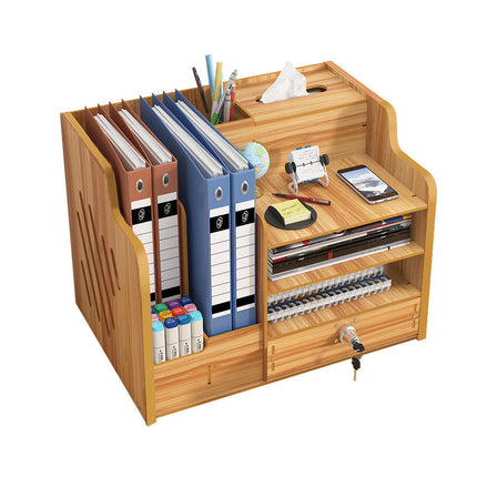 Wooden Desktop Storage Box with Locking Drawer Space Saving for Home Office Use