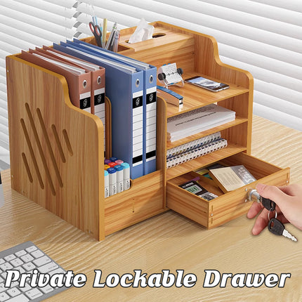 Wooden Desktop Storage Box with Locking Drawer Space Saving for Home Office Use