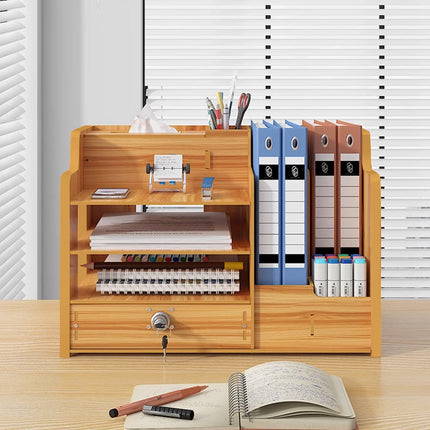 Wooden Desktop Storage Box with Locking Drawer Space Saving for Home Office Use