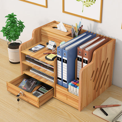 Wooden Desktop Storage Box with Locking Drawer Space Saving for Home Office Use