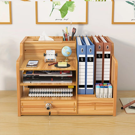 Wooden Desktop Storage Box with Locking Drawer Space Saving for Home Office Use