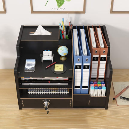 Wooden Desktop Storage Box with Locking Drawer Space Saving for Home Office Use