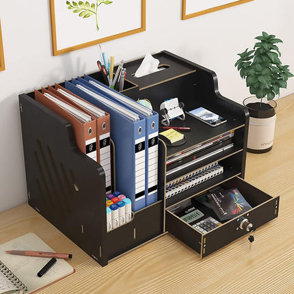 Wooden Desktop Storage Box with Locking Drawer Space Saving for Home Office Use